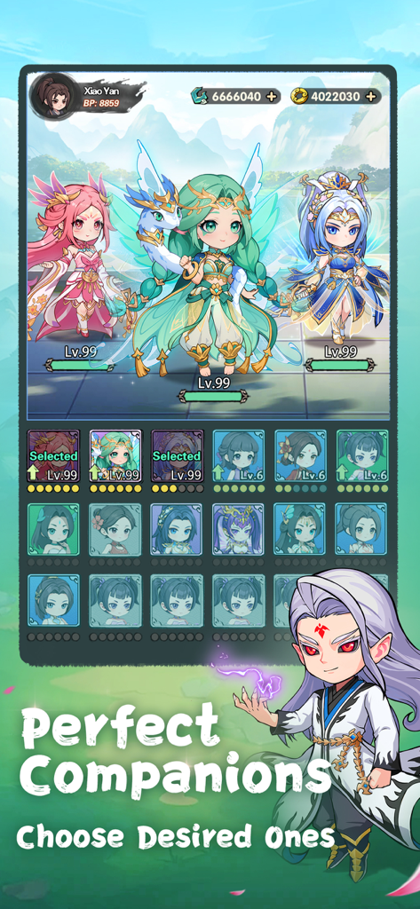 Battle Through the Heavens 2D - Character selection screen in Battle Through the Heavens 2D showing a variety of level 99 chibi anime style companions and a hero roster.