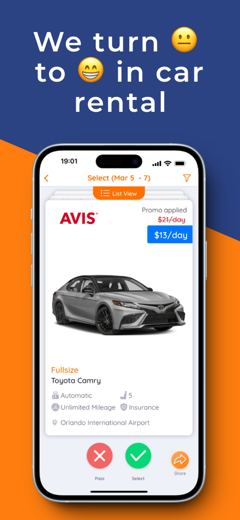 Carla - Cheap Car Rental Deals - Carla app screen showing a cheap car rental deal for a Toyota Camry with a swipe to select interface