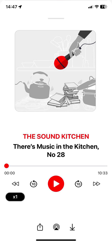 RFI Pure radio app podcast player showing The Sound Kitchen episode