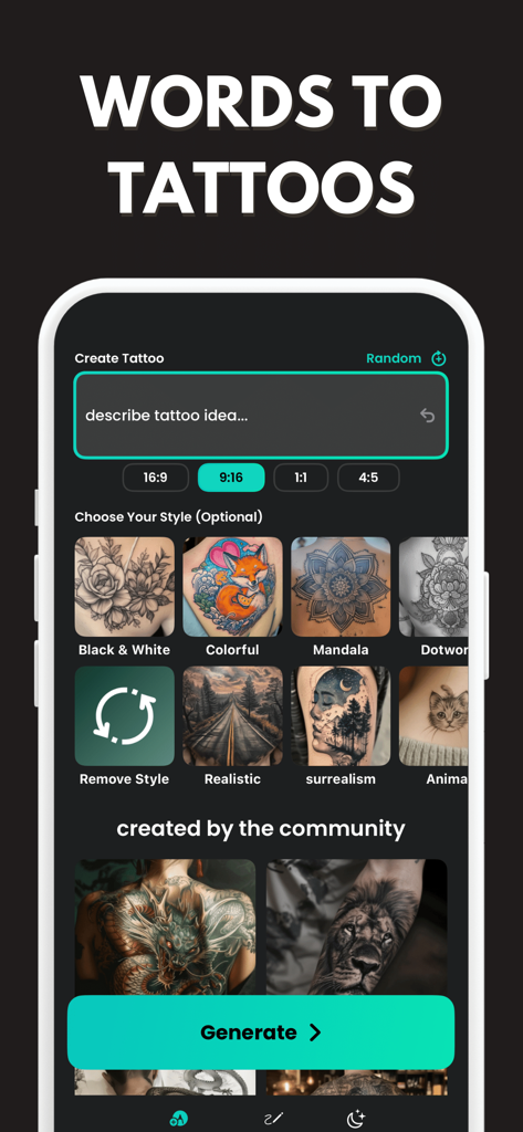 Interface of the AI Tattoo Generator app showing a text prompt field for tattoo ideas and various artistic style selections.