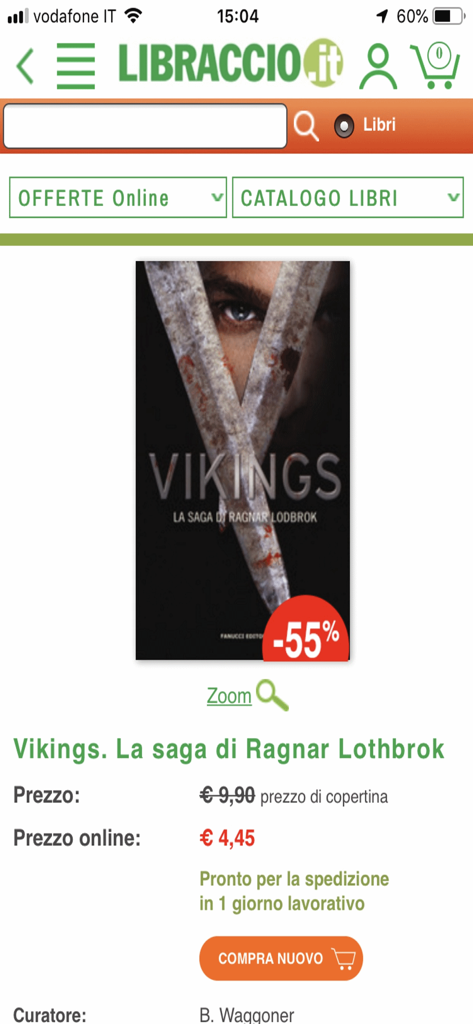 Libraccio - Página del producto del libro Vikings La saga di Ragnar Lothbrok en la aplicación Libraccio mostrando un descuento del 55 por ciento