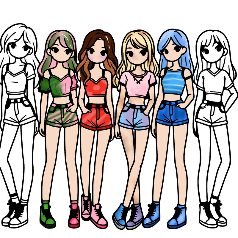 a group of girls wearing crop tops and shorts