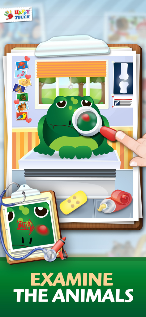 Pet Doctor Happytouch - A child using a magnifying glass to examine a green frog patient in the Pet Doctor Happytouch app.