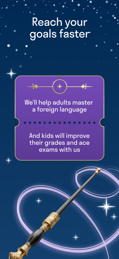 Skyeng: Learn English - Skyeng app screenshot showing learning goals for adults and kids with a magic wand graphic on a starry background