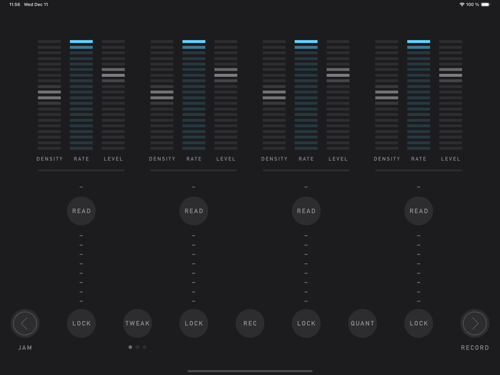 sqsl RSVP - Oberfläche der sqsl RSVP App mit der PLAY-Seite, die vier vertikale Audio-Slots sowie Regler für Dichte, Rate und Level zeigt