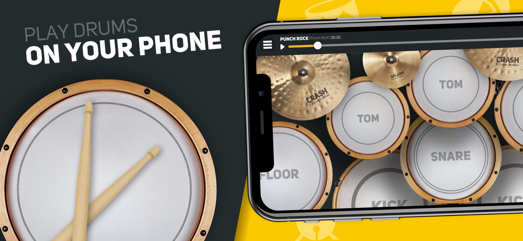 Smartphone screen displaying the Super Drum app interface with a virtual drum set and drumsticks