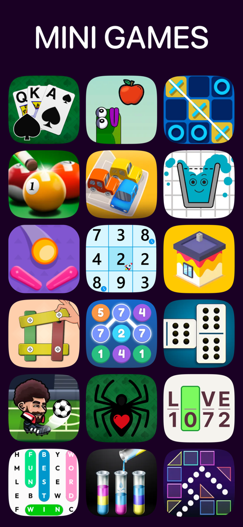 Una colorida cuadrícula de varios iconos de minijuegos que incluyen puzzles, juegos de cartas y clásicos de arcade disponibles sin conexión.
