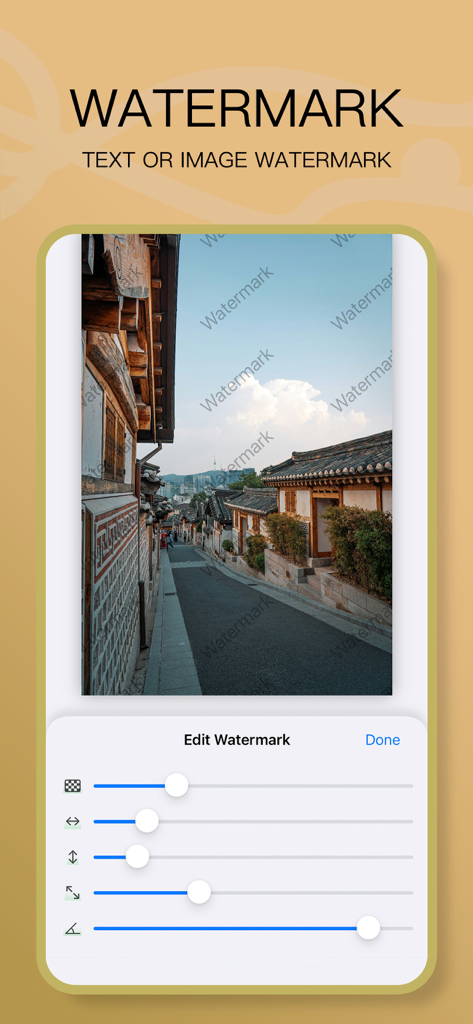 Interface of the PicTool app showing a text watermark being edited on a photo with adjustment sliders for customization.