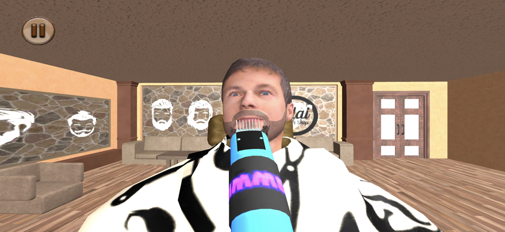 Visão em primeira pessoa de aparar uma barba com um aparador elétrico em um jogo simulador de barbearia