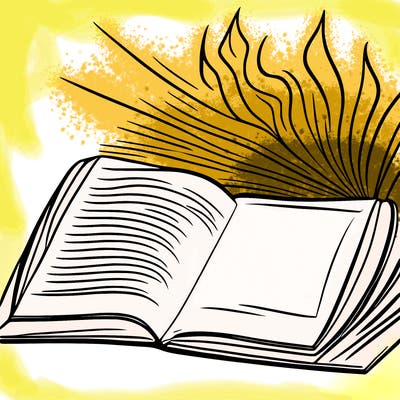 a magical book with a golden story exploding out of it