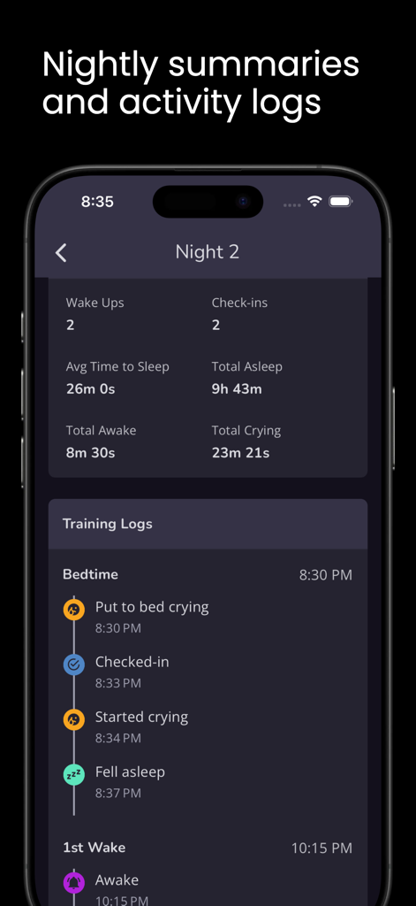 Oona: Baby Sleep Trainer - Mobile app screen showing nightly sleep summary statistics and detailed activity logs for baby sleep training