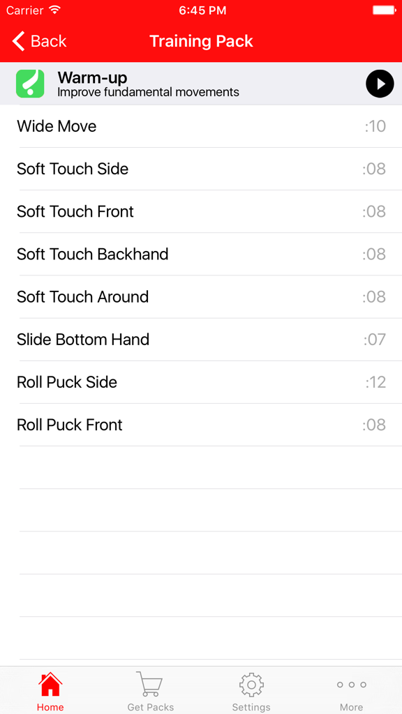 Une liste d'exercices d'échauffement au maniement de bâton de hockey dans l'application Dangle Time.