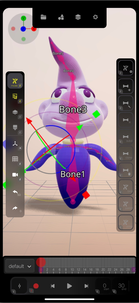 La interfaz de usuario de la aplicación Morphin mostrando un personaje 3D con un esqueleto de rigging visible y herramientas de control de animación.