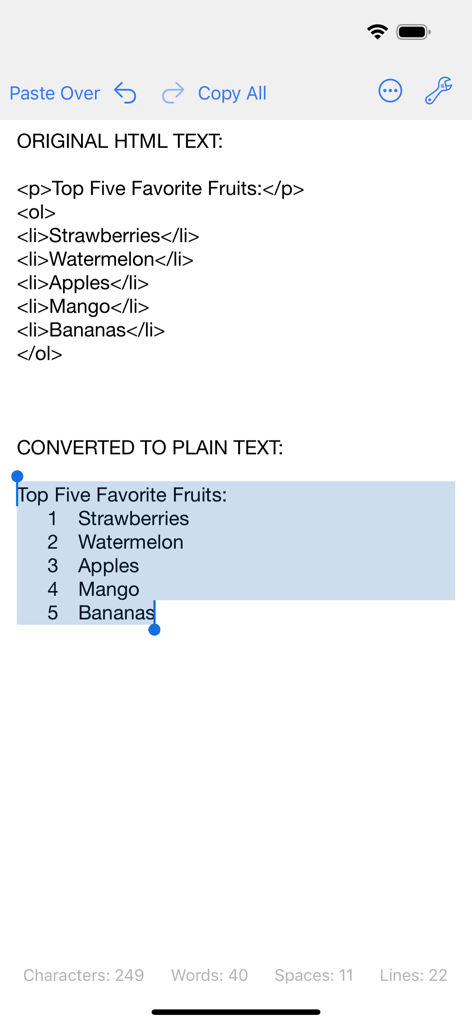 Clean Text app interface showing the conversion of HTML code into a numbered plain text list on iPhone