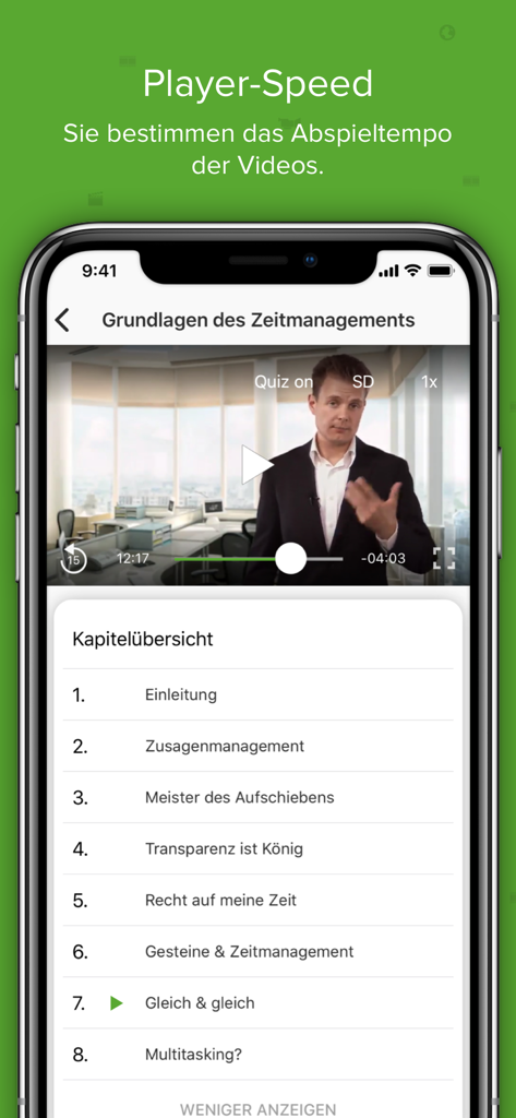 Lecturio: Online Video Kurse - Lecturio mobile app interface showing a video lecture with adjustable playback speed and a chapter list for a time management course.