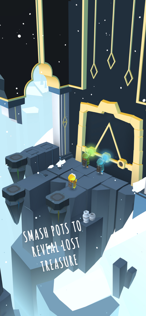 Three explorers working together to solve a puzzle in a snowy mountain level of Path of Giants