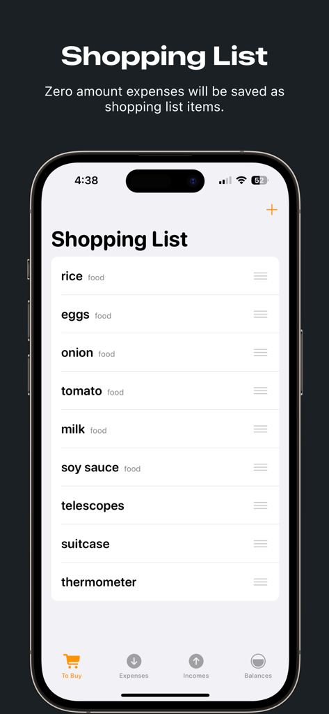 Money Zen: Expense Tracker - A minimalist shopping list interface in the Money Zen app showing items like rice eggs and milk