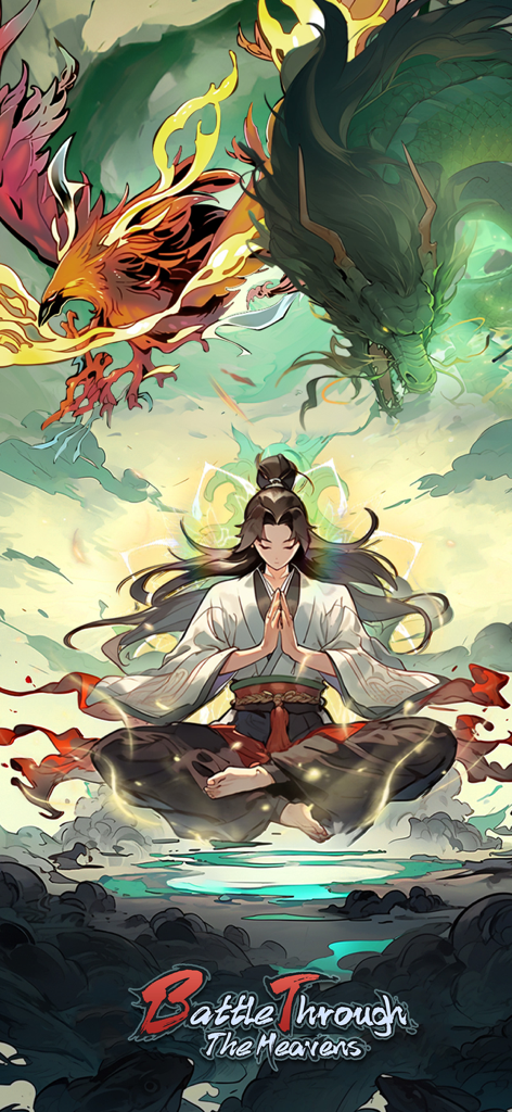 Un personaggio medita con una fenice e un drago in Battle Through the Heavens RPG.