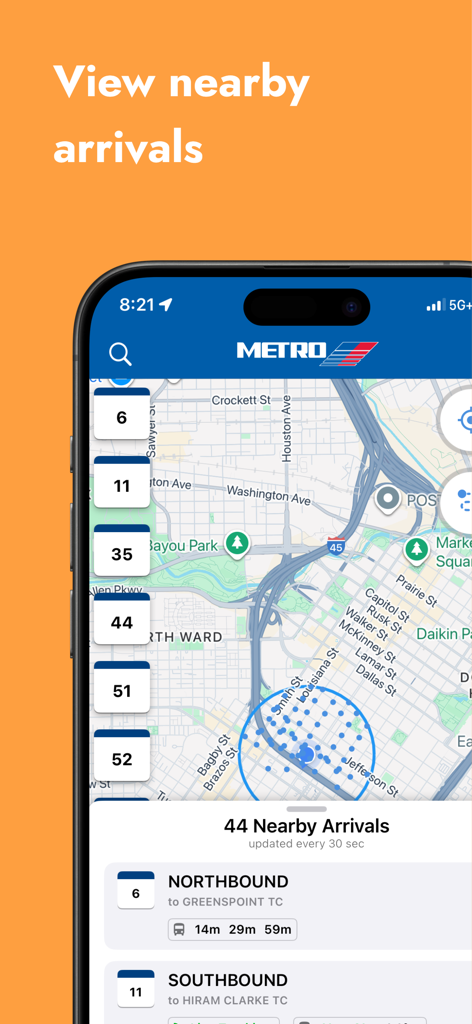 Aplicativo RideMETRO exibindo estimativas de chegada de ônibus em tempo real e um mapa de trânsito de Houston.