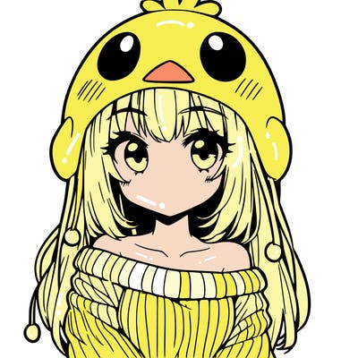 anime girl with chick shaped hat with sweater with bare shoulders with bangs covering them one eye with low tail