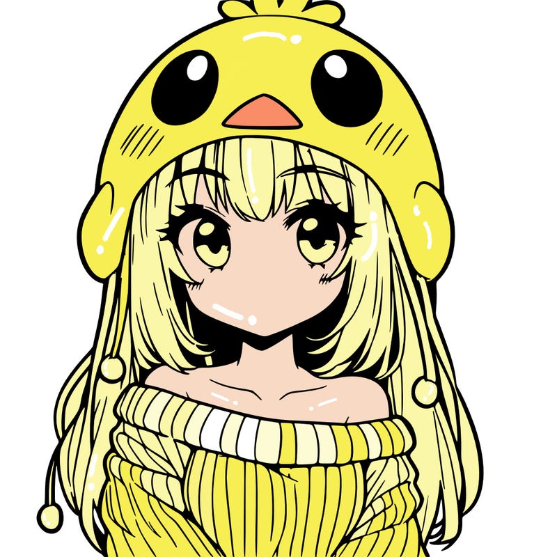 anime girl with chick shaped hat with sweater with bare shoulders with bangs covering them one eye with low tail