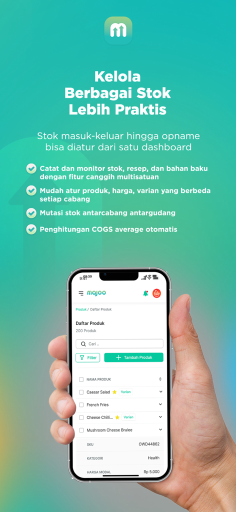 Aplikasi Kasir Wirausaha majoo - majoo POSアプリで在庫管理と製品リストを表示するスマートフォン