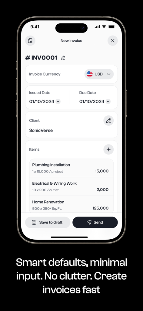 Invoice Maker: InvoEase - Invoice Maker InvoEaseのインターフェース。サービス項目とUSD通貨で、新しい請求書が作成されている状態を表示。