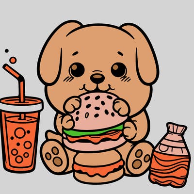 puppy eating a burger and soda