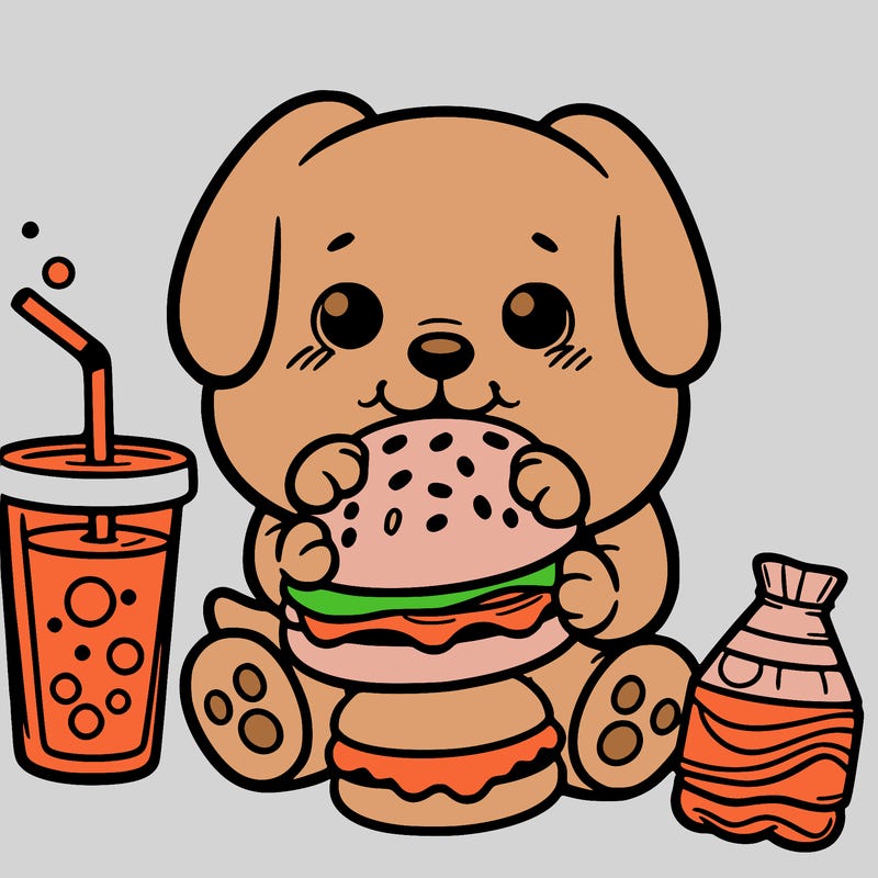 puppy eating a burger and soda