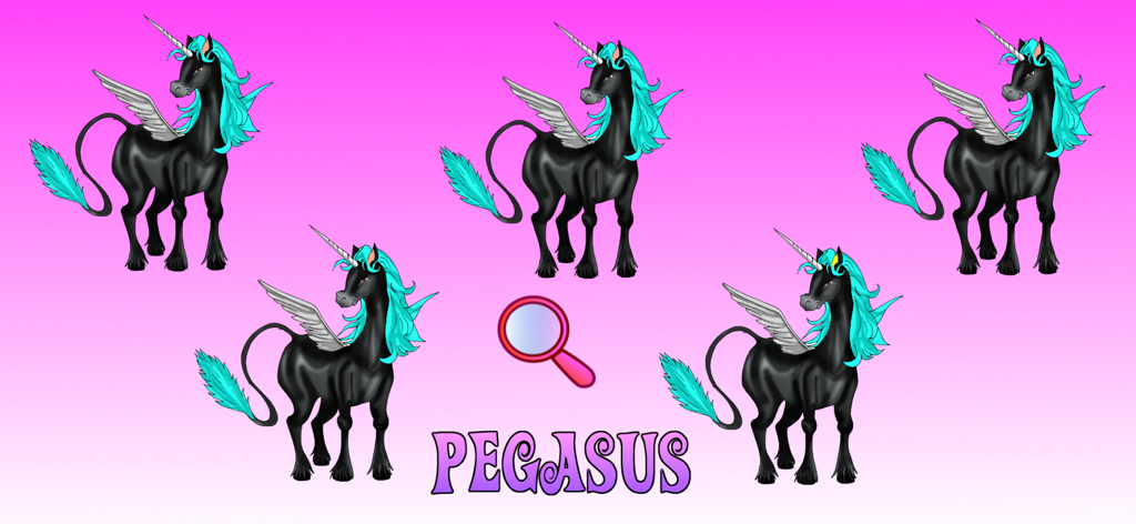 Unicorn Games - Pantalla de juego de encontrar las diferencias con personajes de pegasos negros con crines azules y un ícono de lupa sobre un fondo rosa.