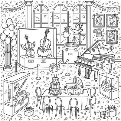 Embark on a delightful coloring journey with this enchanting page that beautifully blends the grandeur of a music museum with the tender joy of a baby shower. Discover charming musical instruments alongside adorable nursery motifs, creating a truly unique celebration scene.