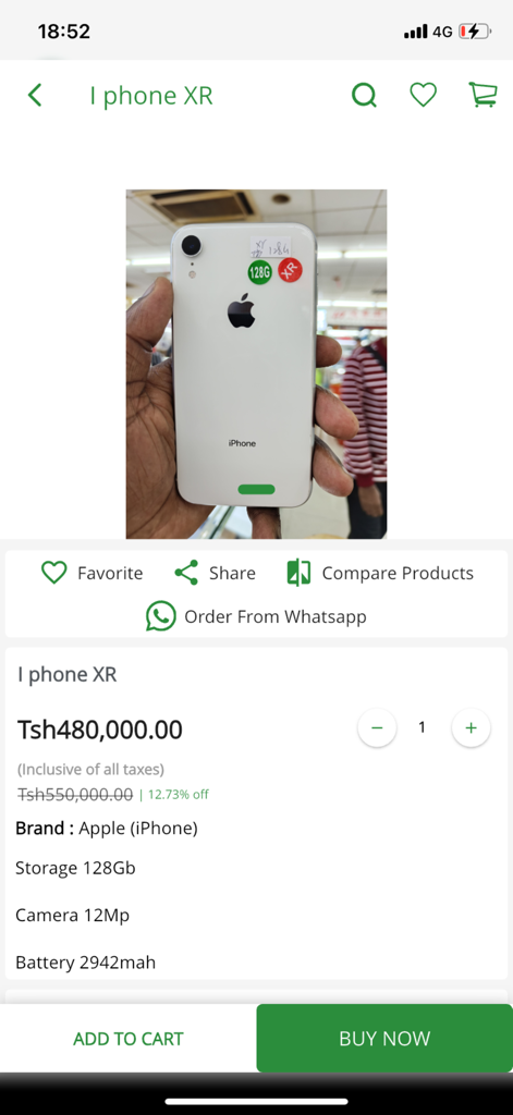 Mkinga Empire - Mobile marketplace screen showing an iPhone XR for sale with price and product details