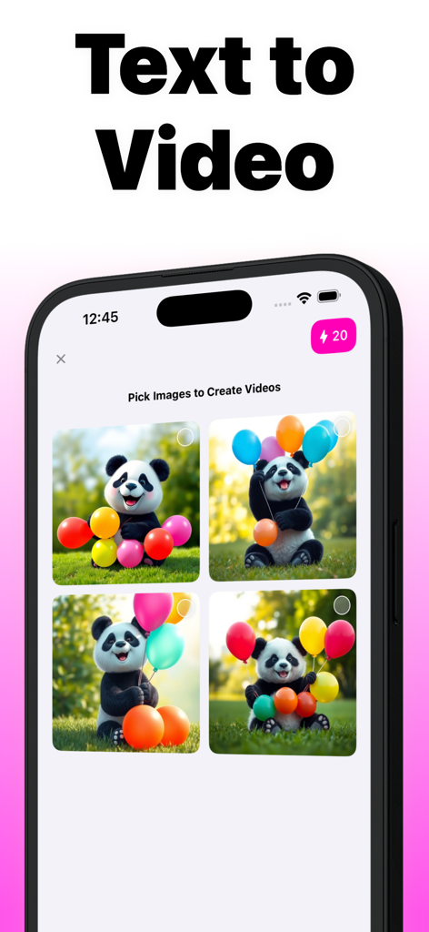 AI Kiss - AI Video Generator - AI Kiss app interface displaying the text to video generation screen with AI generated panda images