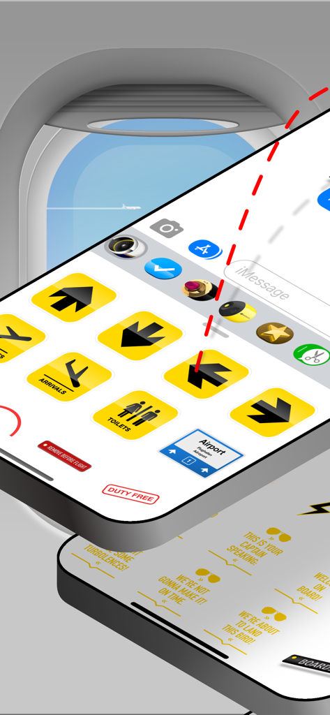 Interface iMessage sur un iPhone affichant divers autocollants de signalisation d'aéroport jaunes et des bulles de texte sur le thème de l'aviation de l'application Airport Stickers Liftoff.