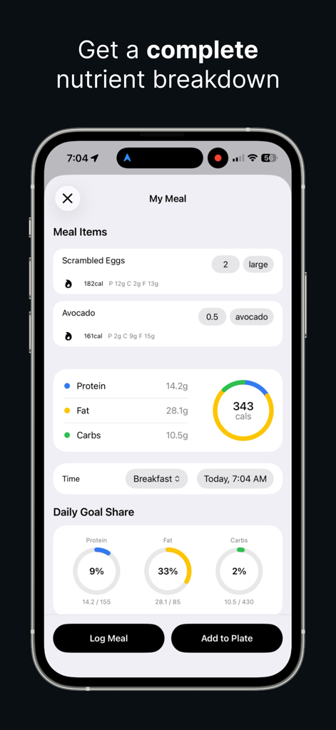 Metryc AI mobile app interface showing calorie and macronutrient breakdown for a meal including scrambled eggs and avocado
