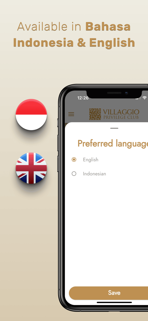 Villaggio Privilege Club - Pantalla de selección de idioma en la aplicación Villaggio Privilege Club que muestra las opciones en inglés e indonesio con sus respectivas banderas.