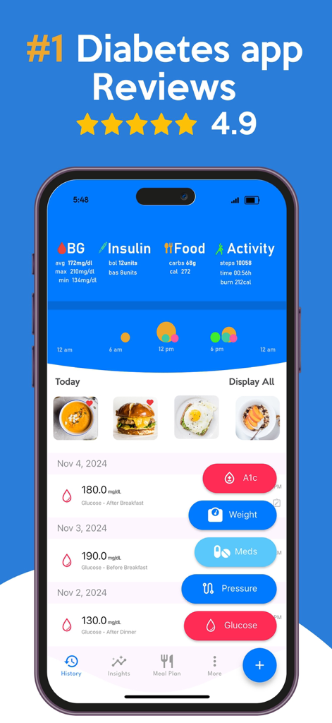 Captura de pantalla del panel de la aplicación Monitor de Glucosa y Diabetes que muestra los niveles de glucosa en sangre y los registros de salud
