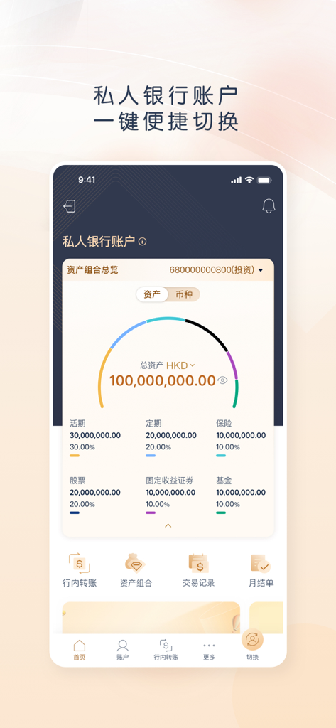 HKD로 총 잔액과 금융 자산 분포를 보여주는 CMBCHK 모바일 뱅킹 앱 자산 포트폴리오 화면