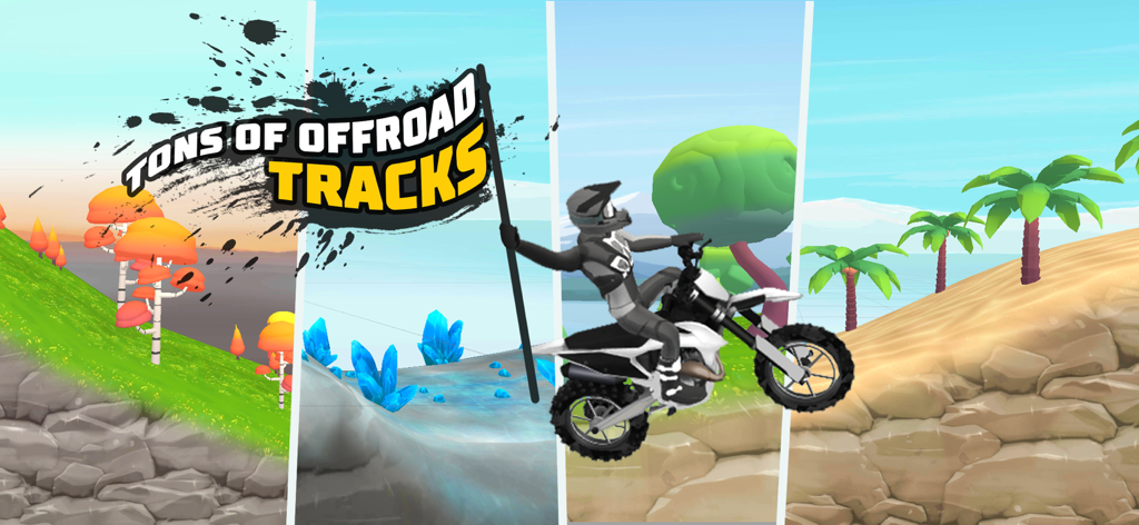 Piloto de motocross realizando acrobacias em várias pistas offroad em Bike 3XM