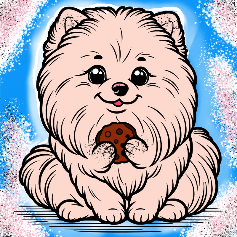 pomeranian sitting and holding a cookie