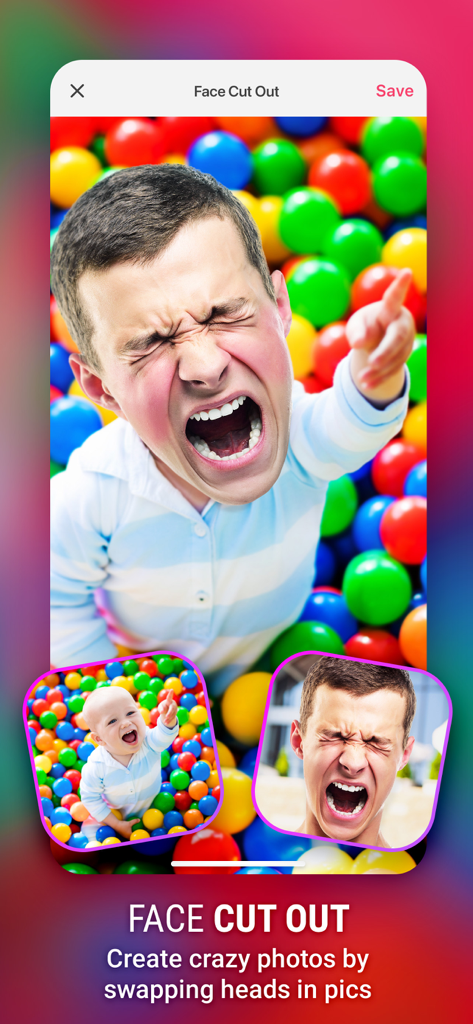 Screenshot of a face cut out feature swapping an adult head onto a baby body in a ball pit