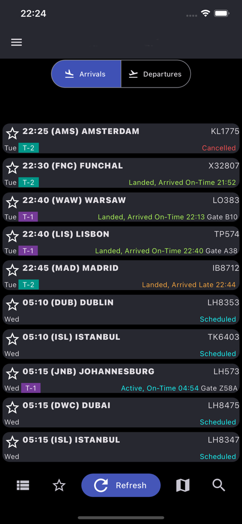 Manchester Airport: Flights - Screenshot der Manchester Airport Flights App, die eine Liste von Flugankünften mit Status-, Terminal- und Gate-Informationen zeigt.