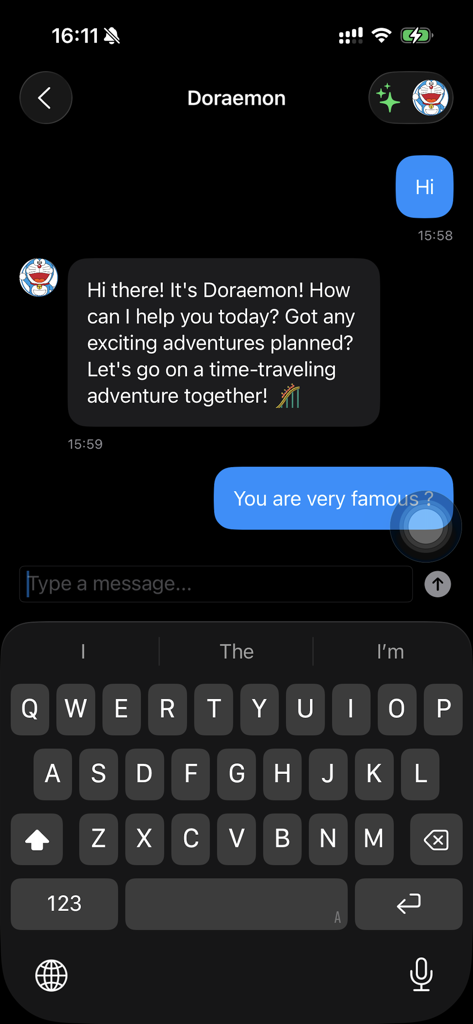 A chat screen within the app showing a conversation with a Doraemon AI persona.
