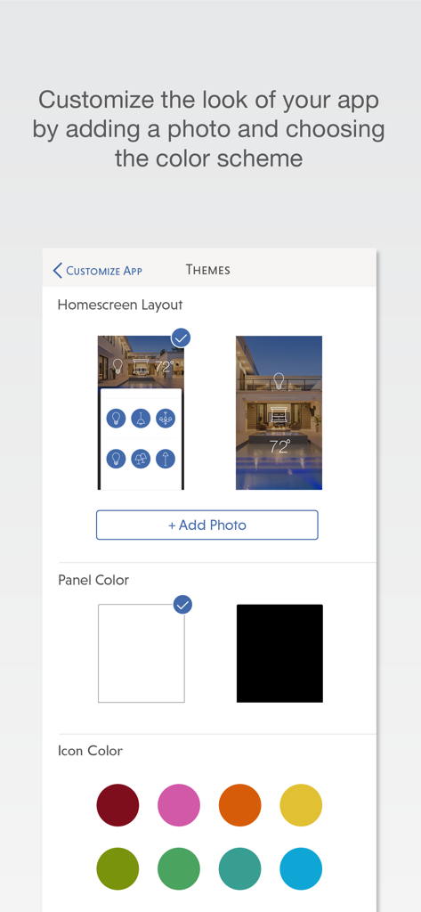 Customization screen for the Lutron RadioRA 2 and HWQS app showing layout and color options