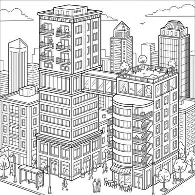 Dive into the intricate details of a thriving urban landscape with this captivating mixed-use skyscrapers coloring page. Discover buildings seamlessly blending residential, commercial, and retail spaces, offering endless creative possibilities.