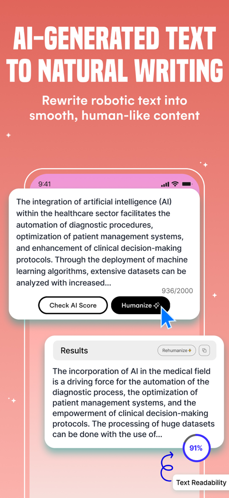 Bypass Al Detector & Humanizer - Interfaz de la aplicación que muestra el proceso de humanización de texto generado por IA a escritura natural con una alta puntuación de legibilidad