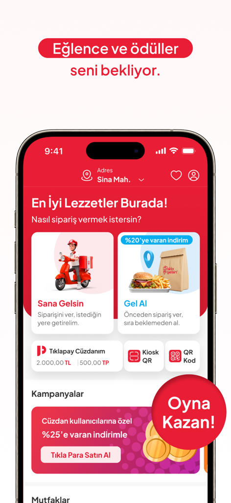 Interfaccia dell'app di delivery di cibo Tıkla Gelsin con opzioni di consegna e ritiro.