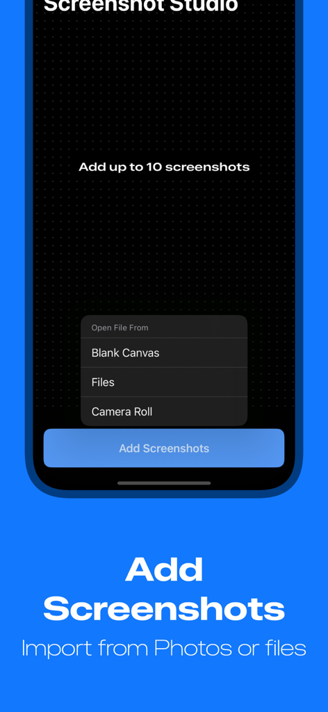Screenshot Studio - App Mockup - Interface para adicionar capturas de tela a partir de fotos ou arquivos no aplicativo Screenshot Studio