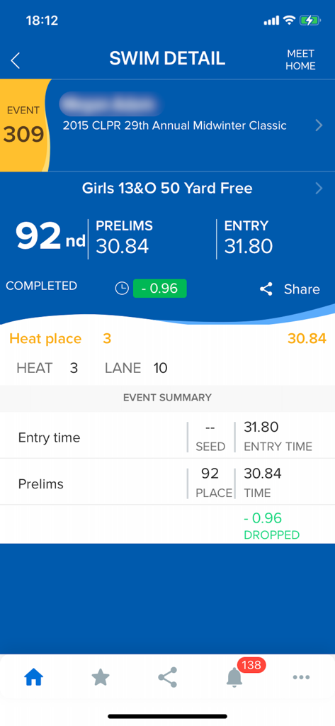 Meet Mobile Swim app interface showing individual swim race results including place and time dropped
