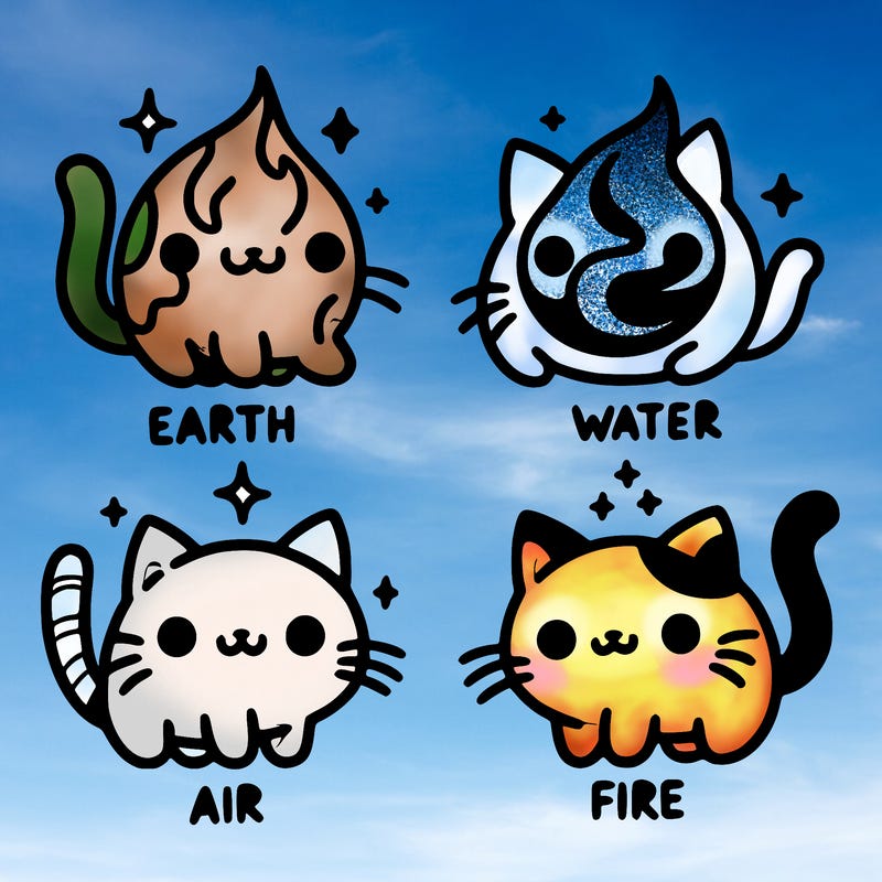 4 cats that represent the different elements, earth, water, air, and fire